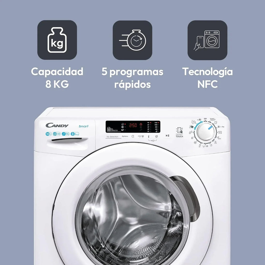 Candy Smart CS 14102DE/1-S, Máquina de Lavar 10 kg, 1400 RPM, Display e Controlo Digital, Tecnologia NFC, Assistente de Voz, 15 Ciclos, 5 Rápidos, Fácil Passar, Início Retardado 24H, Detetor de KG, 81 DB, Branco