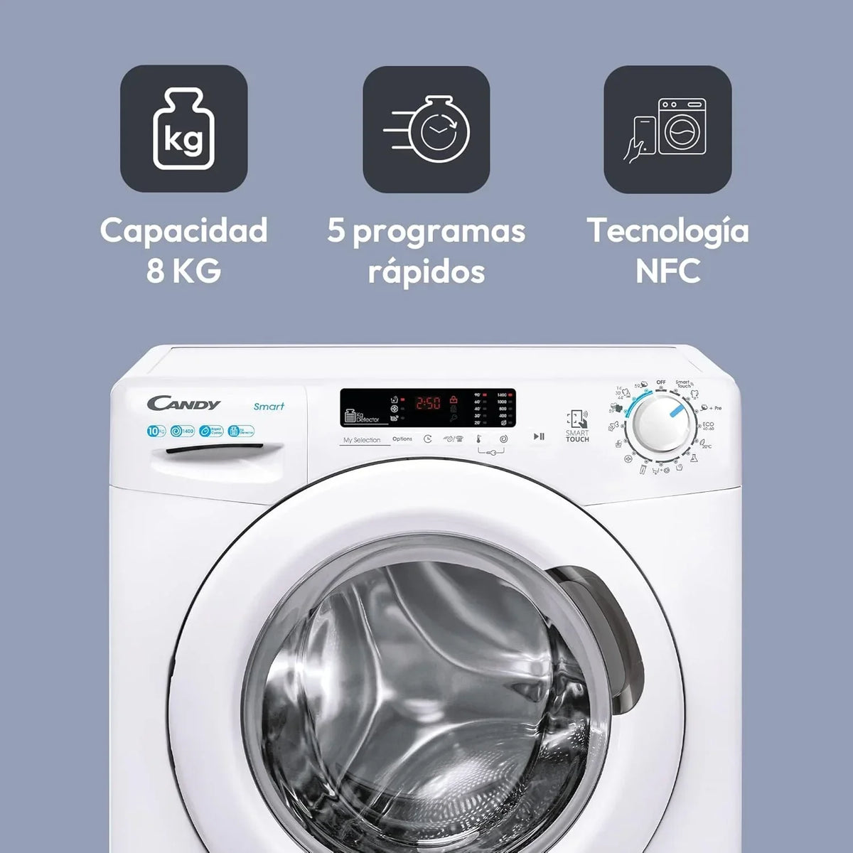 Candy Smart CS 14102DE/1-S, Máquina de Lavar 10 kg, 1400 RPM, Display e Controlo Digital, Tecnologia NFC, Assistente de Voz, 15 Ciclos, 5 Rápidos, Fácil Passar, Início Retardado 24H, Detetor de KG, 81 DB, Branco