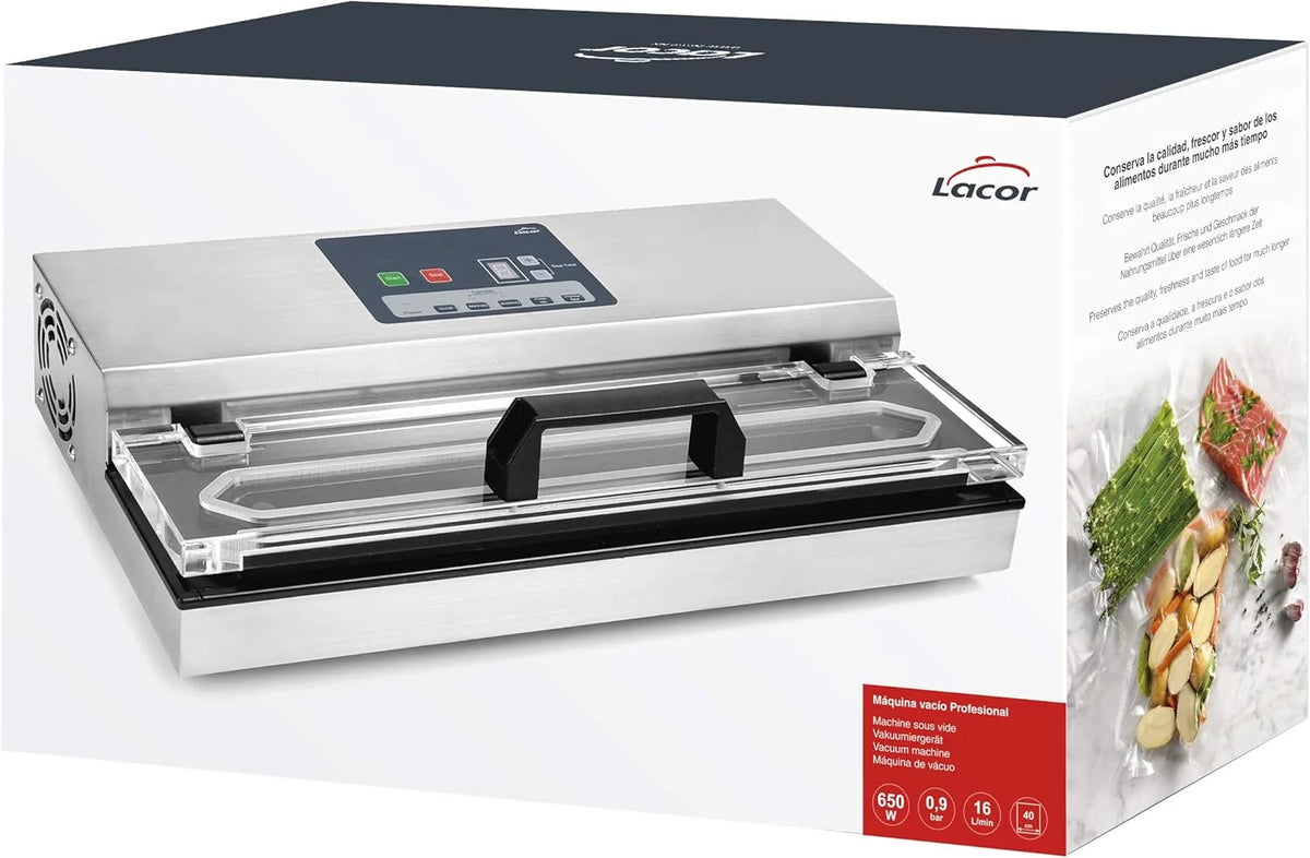 Lacor - 69540 - Embaladora a vácuo, Máquina de vácuo, Seladora de alimentos, Aço inoxidável, Livre de BPA, Selagem hermética, 650W, 40cm, Inox