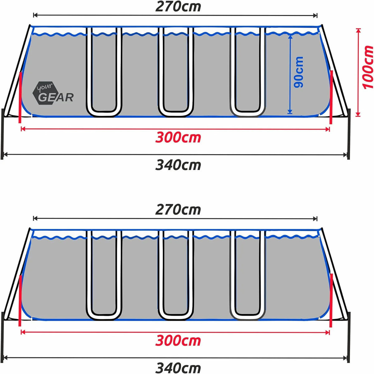 yourGEAR Piscina Familiar XL 3x3m - Piscina de Jardim com Estrutura de Aço Durável, 8100L