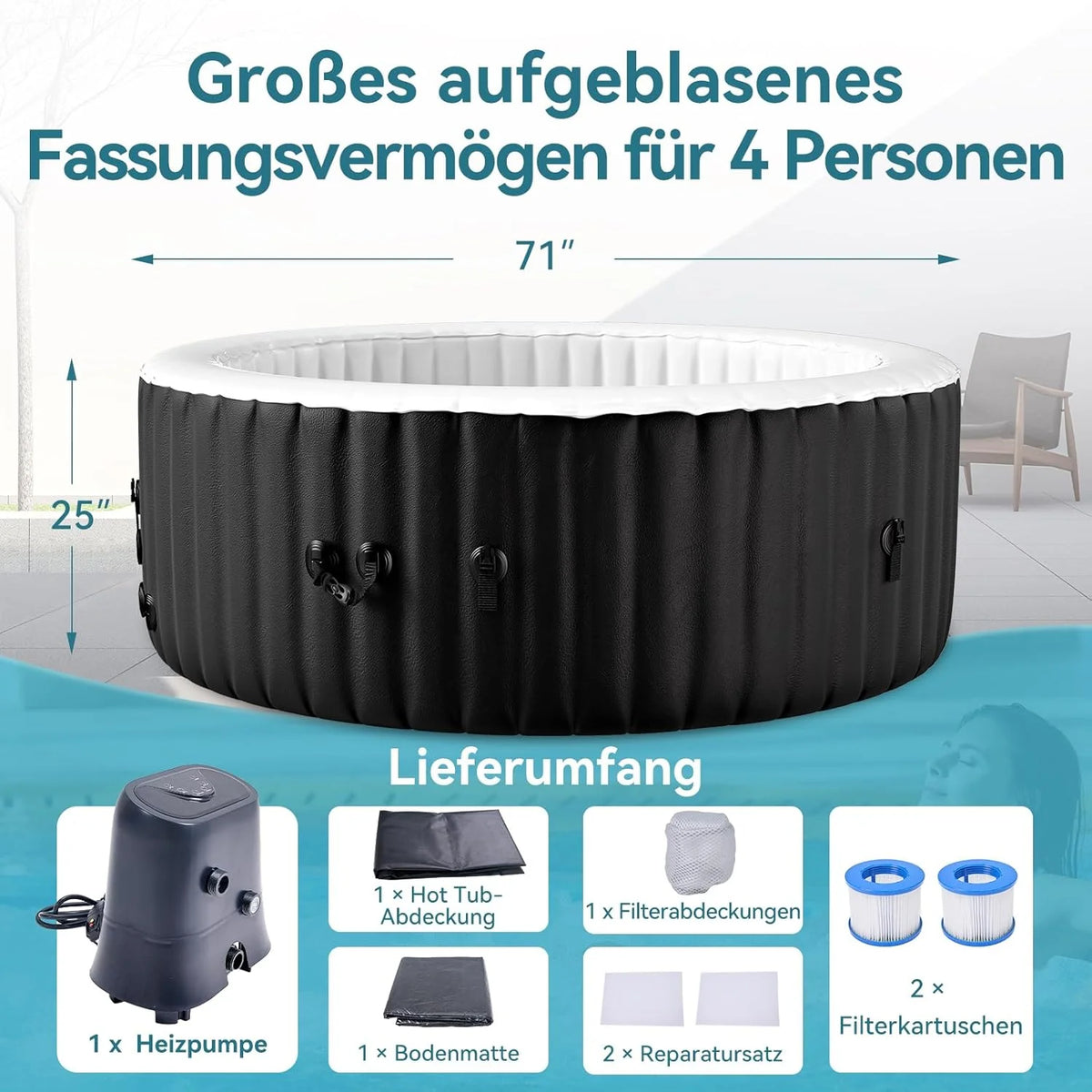 Banhira de Hidromassagem Inflável para 4 Pessoas, 2400 W, Interno/Externo, Piscina de Spa de Inverno, com 120 Jatos de Ar, Proteção Contra Congelamento, 799 Litros, À Prova de Vazamento, Economia de Energia