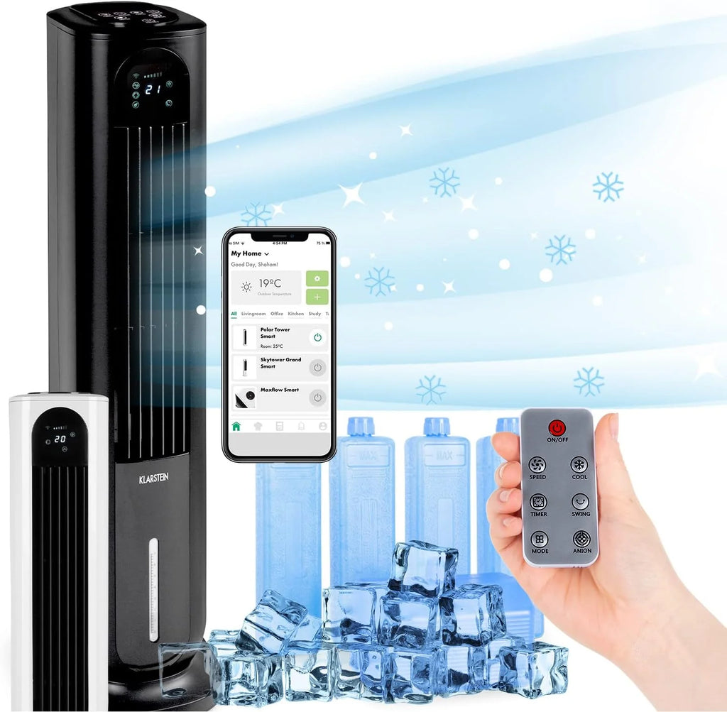 KLARSTEIN Polar Tower Smart Climatizador Evaporativo – 4 em 1: Ventilador, Umidificador e Purificador, Controle por App e Alexa, Tanque de 7L, 3.306 m³/h, Modo Noturno, Portátil com Rodas, Preto