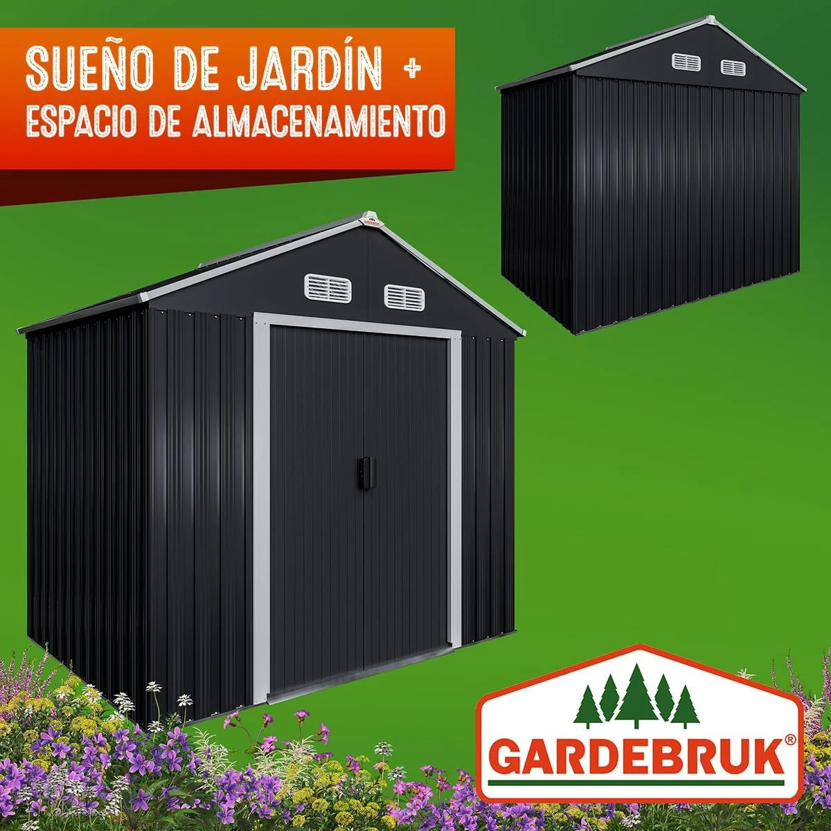GARDEBRUK® Galpão de Jardim 2 m² 196x132x188cm Armazenamento de Metal Exterior 4m³ com Base Porta Deslizante Antracite
