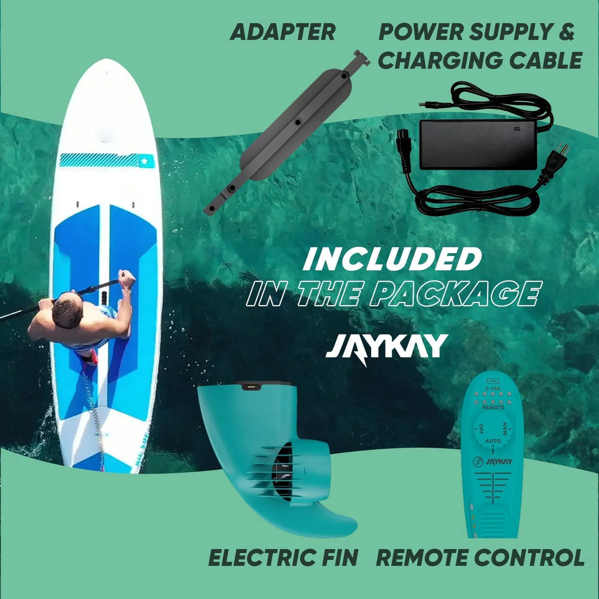 JayKay Sup E-Fin | Barbatana elétrica para prancha de Stand Up Paddle, caiaque e windsurf | até 6 horas de