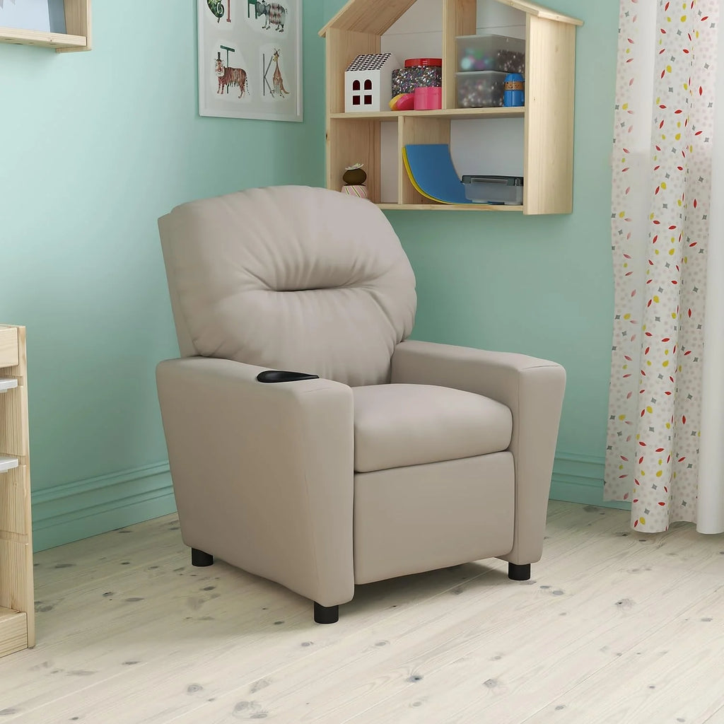 Poltrona Reclinável Infantil Contemporânea Flash Furniture com Porta-Copos, Madeira, Vinil Bege, 66,04 x 53,34 x 53,34 cm
