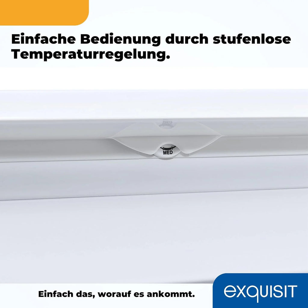 Congelador vertical Exquisit, 87L, 4 estrelas, classe D, cor branca, 3 gavetas, degelo manual, termostato ajustável, porta reversível, 40 dB, consumo 132 kWh/ano, 85,5x54,5x58 cm