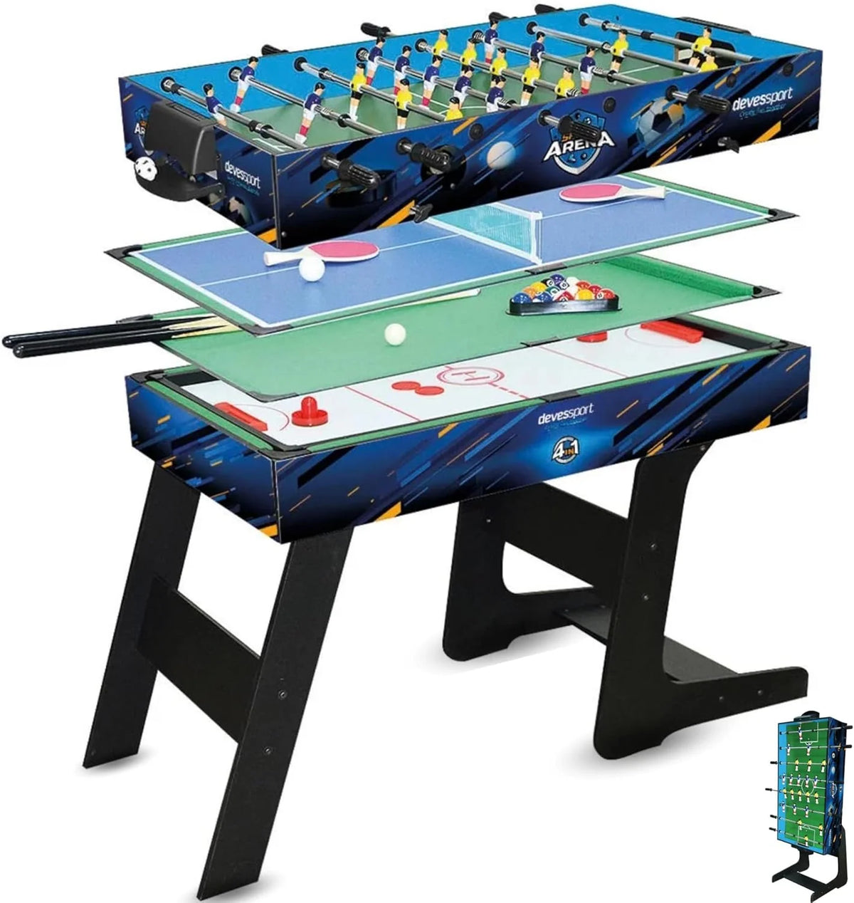 DEVESSPORT Multijogo Dobrável 4 em 1 Sport Arena | Pebolim, Bilhar, Air Hockey e Tênis de Mesa | Mesa de Jogos Dobrável com Acessórios Inclusos