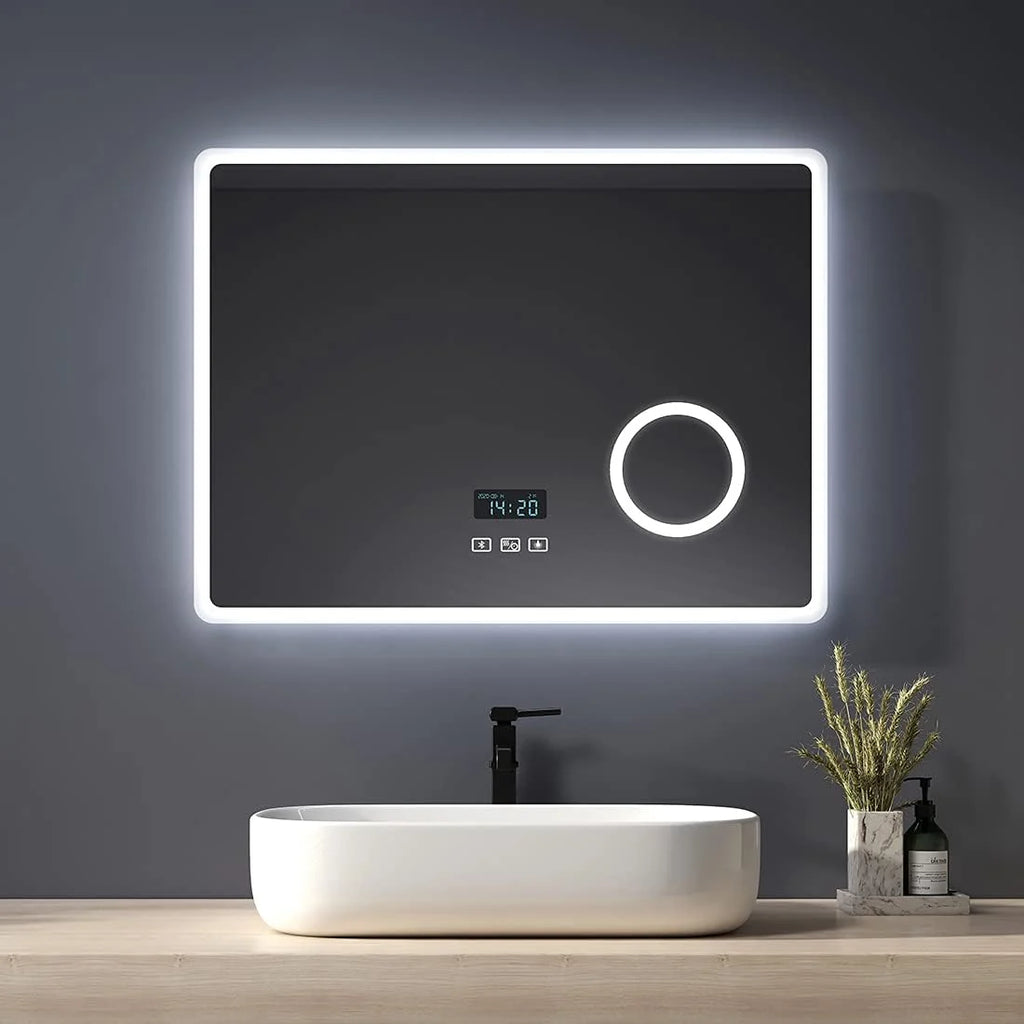 Heilmetz Espelho de Banheiro Iluminado por LED com Lupa 3X, 80 x 60 cm, com Interruptor de Toque e Função Antiembaçamento, Relógio e Bluetooth, Regulável, Três Cores, Tipo13