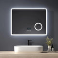 Heilmetz Espelho de Banheiro Iluminado por LED com Lupa 3X, 80 x 60 cm, com Interruptor de Toque e Função Antiembaçamento, Relógio e Bluetooth, Regulável, Três Cores, Tipo13
