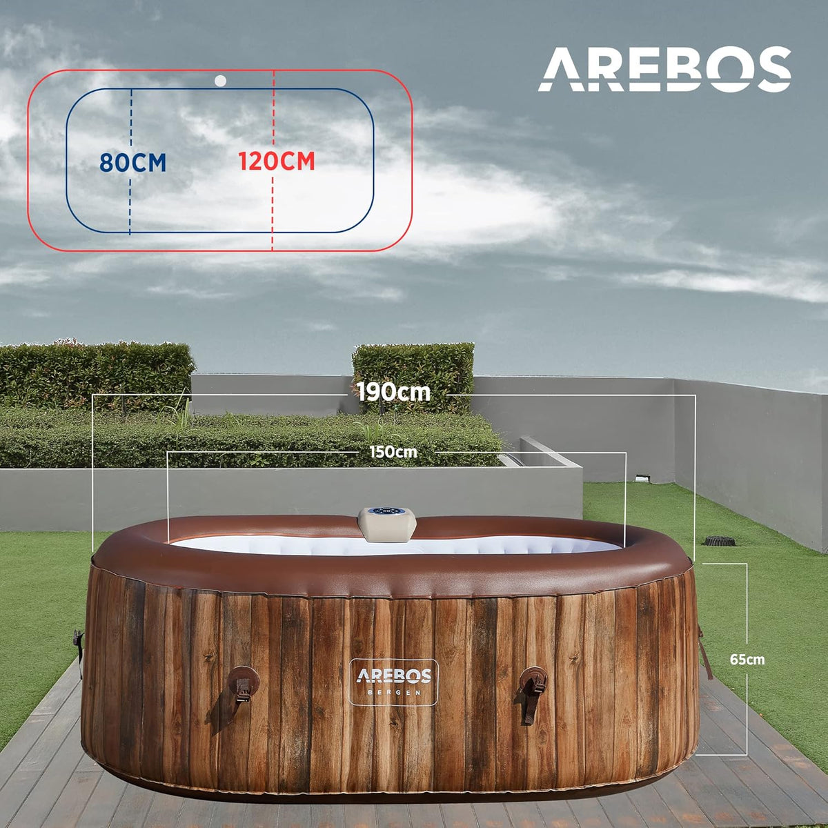 Arebos Whirlpool | SPA Inflável | Interno e Externo | 190x120 cm Ovalado | 2 Pessoas | 90 Jatos de Massagem | Aquecido | 550 Litros | Incl. Cobertura | Massagem Bubble SPA & Wellness