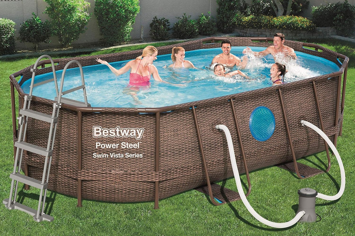 BESTWAY - Piscina Estrutural Tubular Power Steel 427x250x100 cm Bomba Filtrante 2.006 l/h Escada e Capa Design Rattan