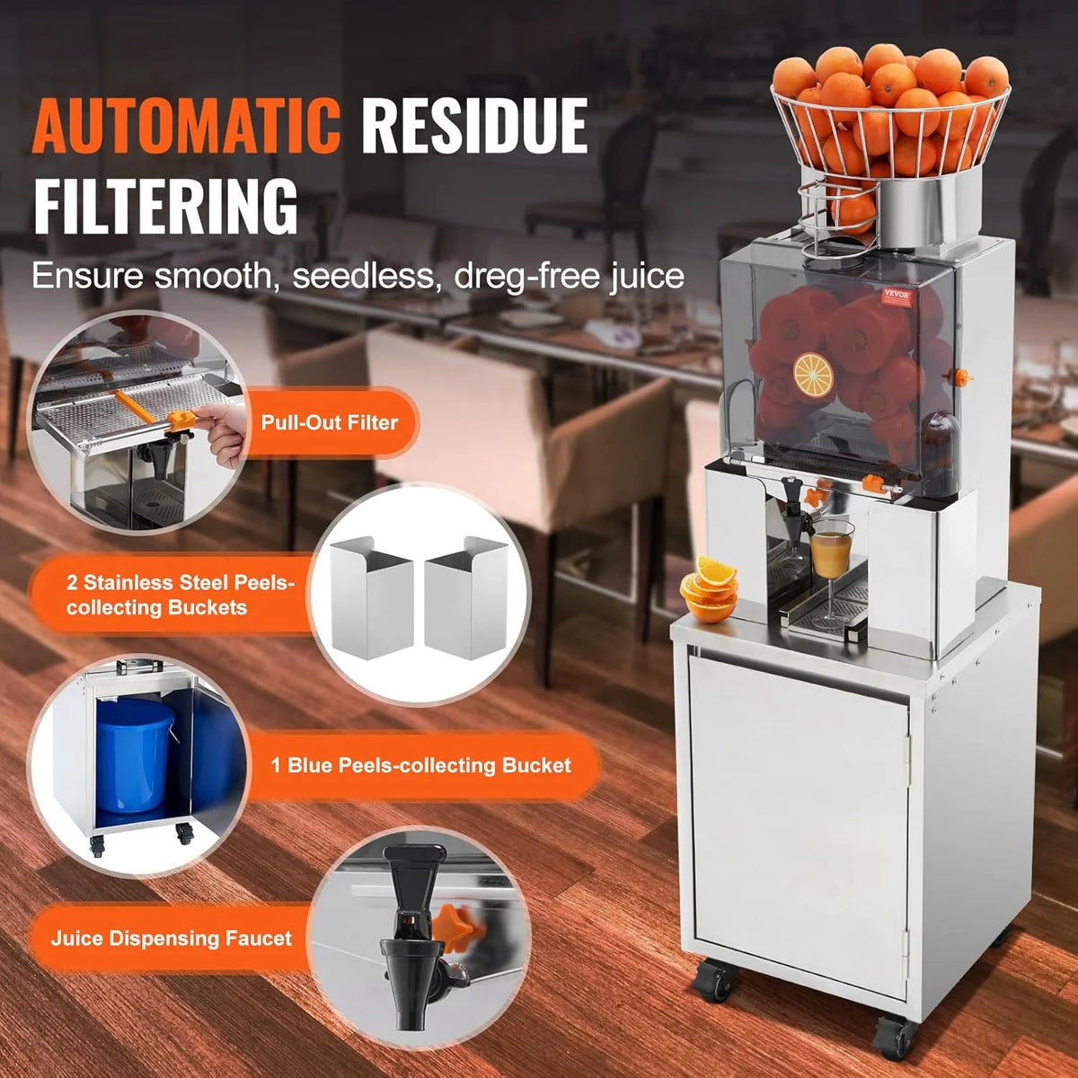 VEVOR Espremedor de Cítricos Elétrico 120 W Extrator de Suco de Laranja Comercial Automático com Filtro Removível, Balde Coletor de Polpa e Torneira para Restaurantes, Cafeterias, Frutarias