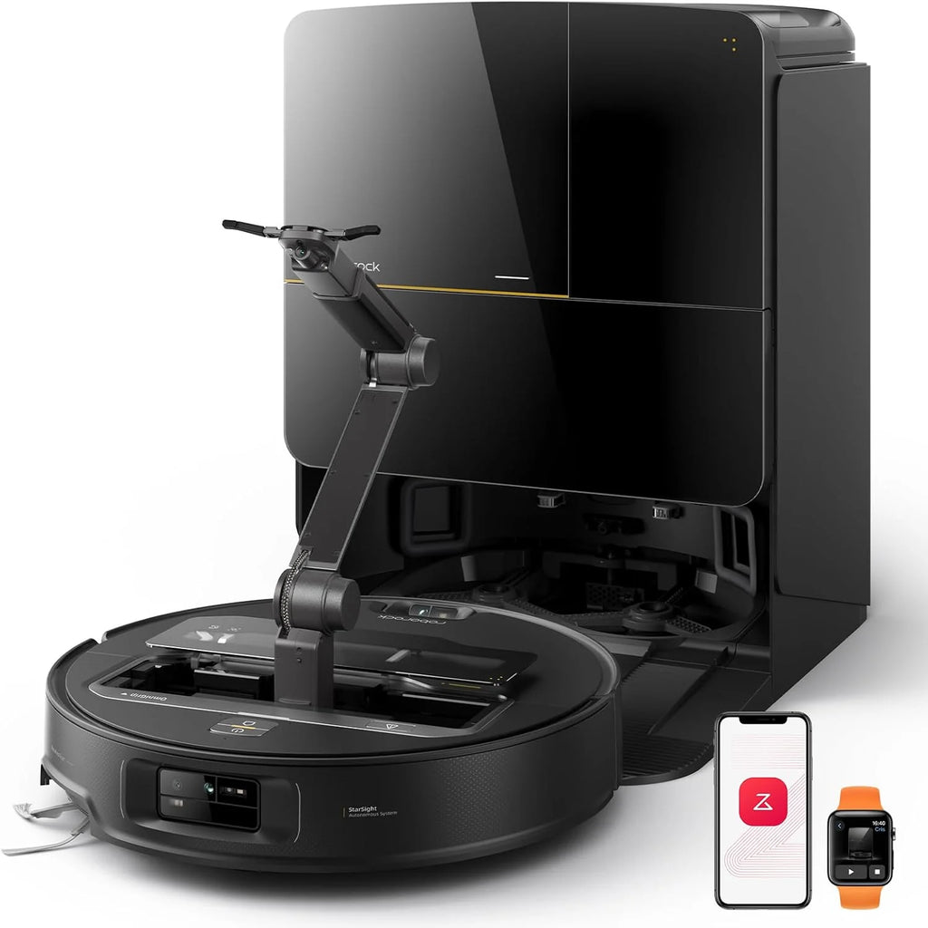 Roborock Saros Z70 Robô Aspirador com Braço Mecânico OmniGrip Dobrável de 5 Eixos, Sucção de 22000 Pa, Sistema Duplo Antiemaranhamento, Design Ultrafino de 7,98 cm e Desvio de 108 Tipos de Obstáculos, Preto
