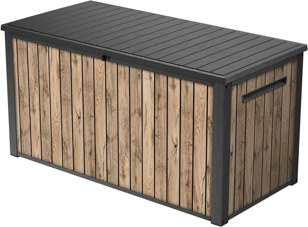Keter Baú de Jardim Sierra 643L, 144 x 67 x 73 cm, Plástico com Aparência de Madeira (Pinho), Tampa com Molas a Gás, Pode Ser Trancado