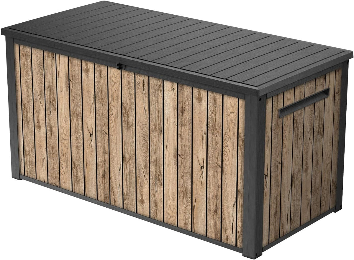Keter Baú de Jardim Sierra 643L, 144 x 67 x 73 cm, Plástico com Aparência de Madeira (Pinho), Tampa com Molas a Gás, Pode Ser Trancado
