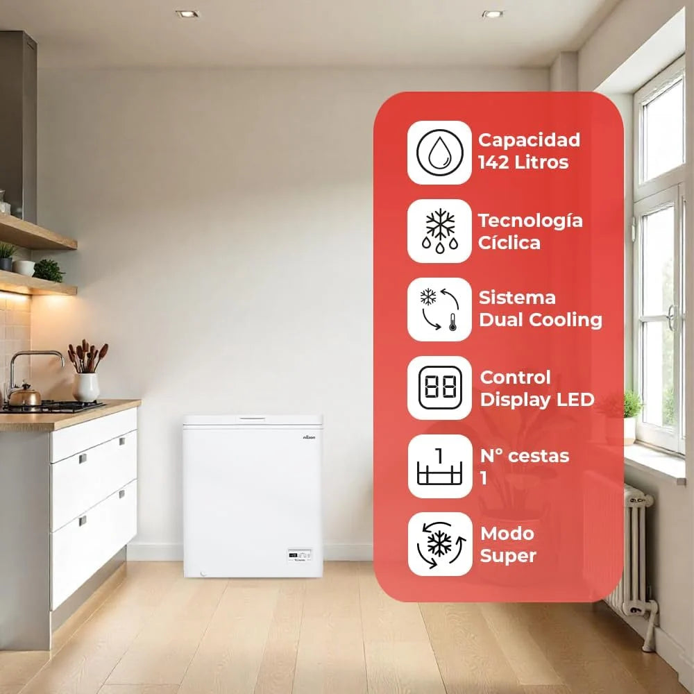 Nilson Congelador Horizontal Branco NCH1500EDC. Capacidade 142 Litros, Dual Cooling, 4 Estrelas, Modo Super Congelamento, Tecnologia Cíclica, Porta Basculante, 1 Cesto, Baixo Nível de Ruído