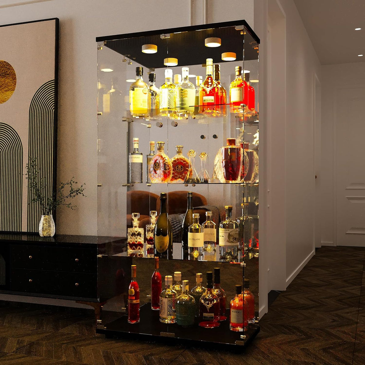 Vitrine de Vidro com Iluminação, Porta com Fechadura, 4 Prateleiras - Vitrine Grande para Coleções, Vitrine de Chão para Sala ou Escritório (Fundo Espelhado)