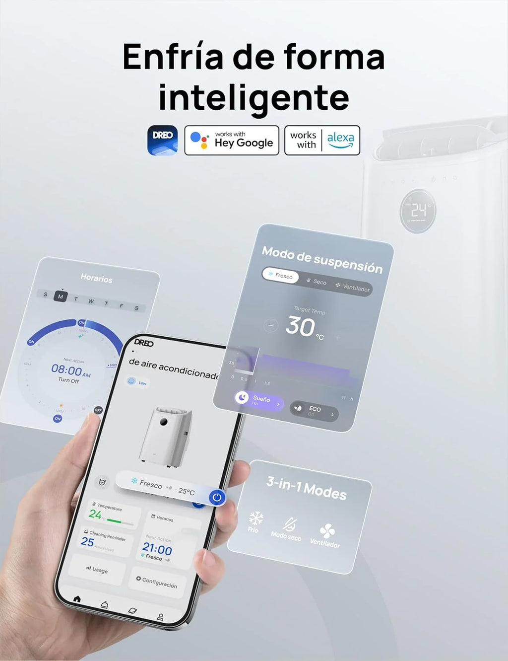 DREO Ar Condicionado Portátil 10000 BTU para Quarto, Resfriamento Sem Drenagem, Silencioso, Controle por Aplicativo/Voz, Temporizador de 24 Horas, com Ventilador e Desumidificador