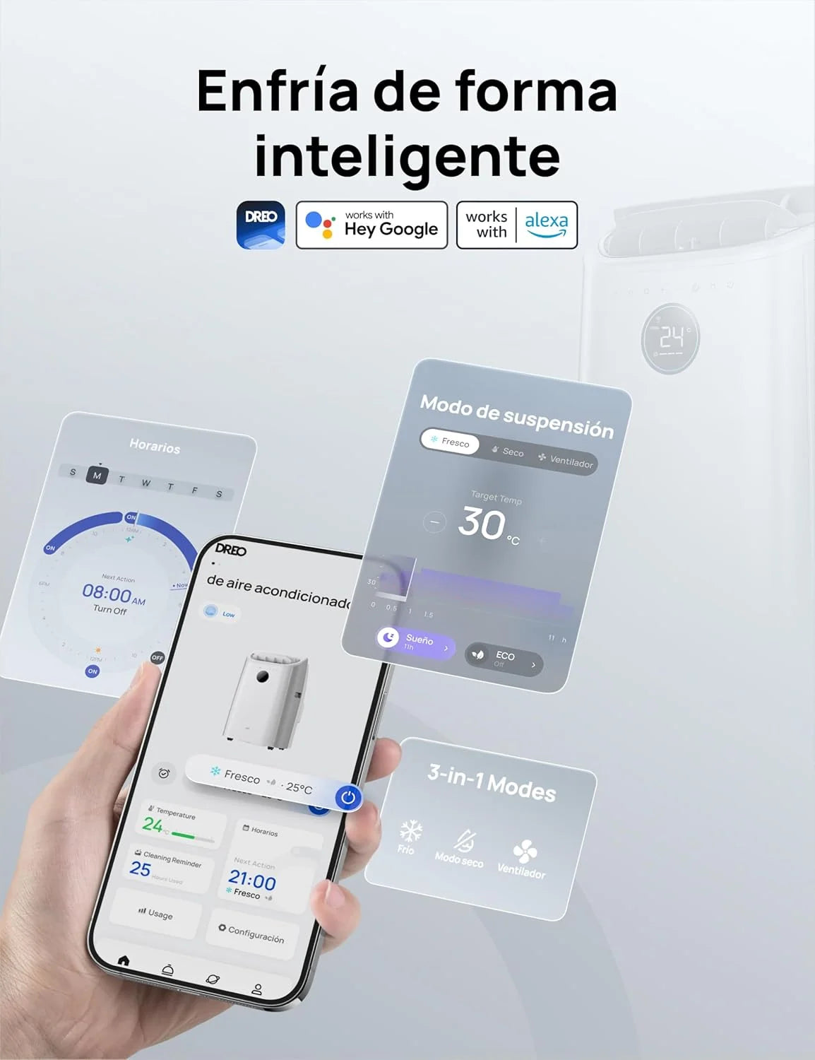 DREO Ar Condicionado Portátil 10000 BTU para Quarto, Resfriamento Sem Drenagem, Silencioso, Controle por Aplicativo/Voz, Temporizador de 24 Horas, com Ventilador e Desumidificador