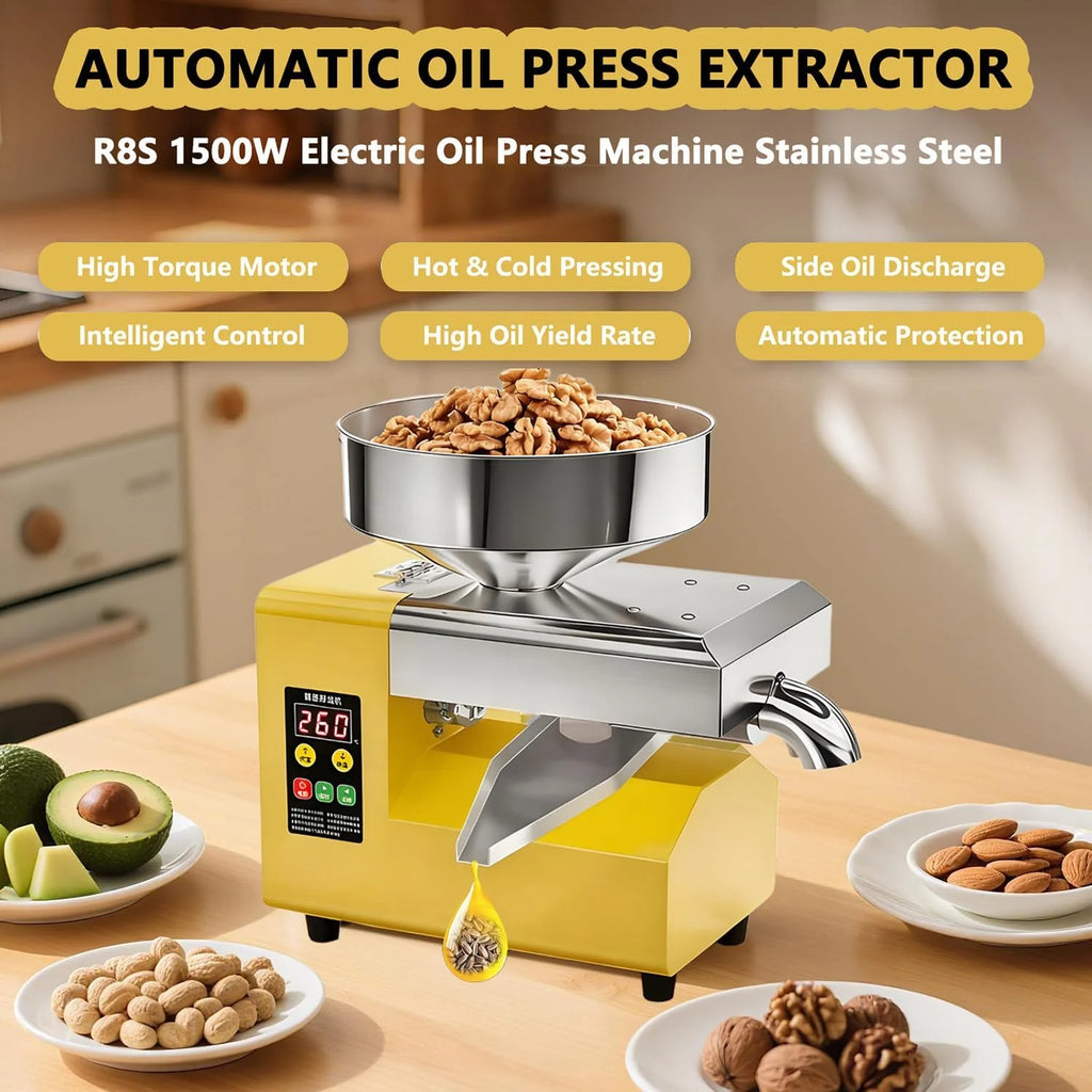 Prensa de Óleo Elétrica Automática 1500W | Extrator de Óleo de Aço Inoxidável a Frio e Quente | Para Caroços de Azeitona, Nozes, Gergelim, Coco, Soja, Amêndoas | Controle Inteligente de Temperatura