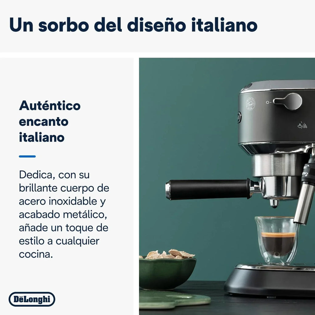 De'Longhi Dedica – Cafeteira de Bomba em Aço Inoxidável para Café Moído ou Saquetas, Espresso e Cappuccino, Reservatório de 1.3 Litros, Sistema Anti-pingo, Modelo EC685.M, Cor Metal