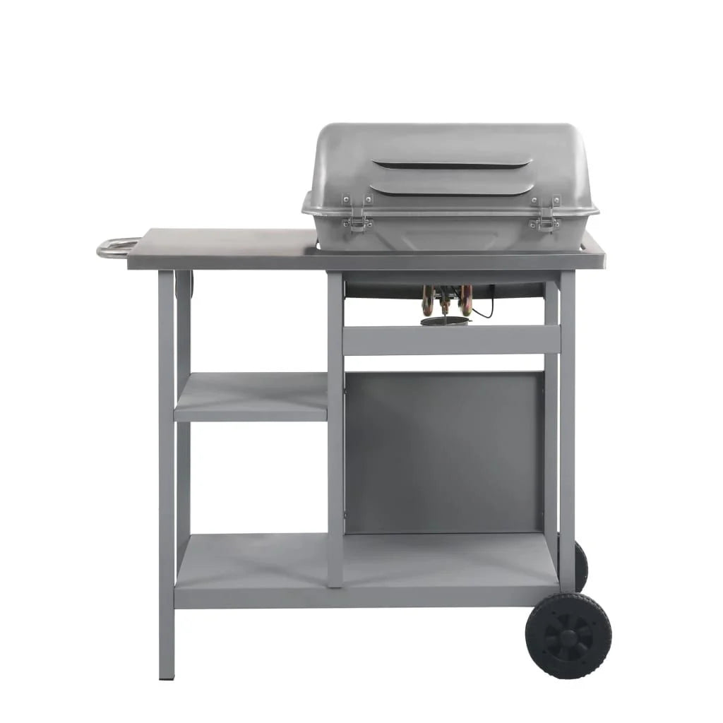 Churrasqueira a Gás Portátil com Mesa Lateral de 3 Prateleiras Prateada Vidaxl