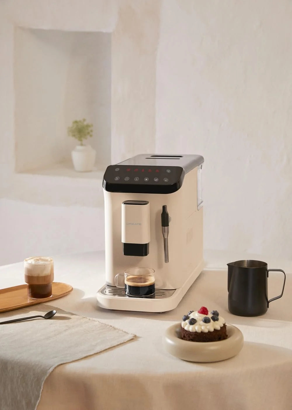 CRIAR / THERA MATIC TOUCH/Máquina de café superautomática branco sujo / 20 bar, tanque de 1,5l, recipiente para grãos de café de 180g, bico vaporizador, painel de controle tátil, função de autolimpeza, 1350W