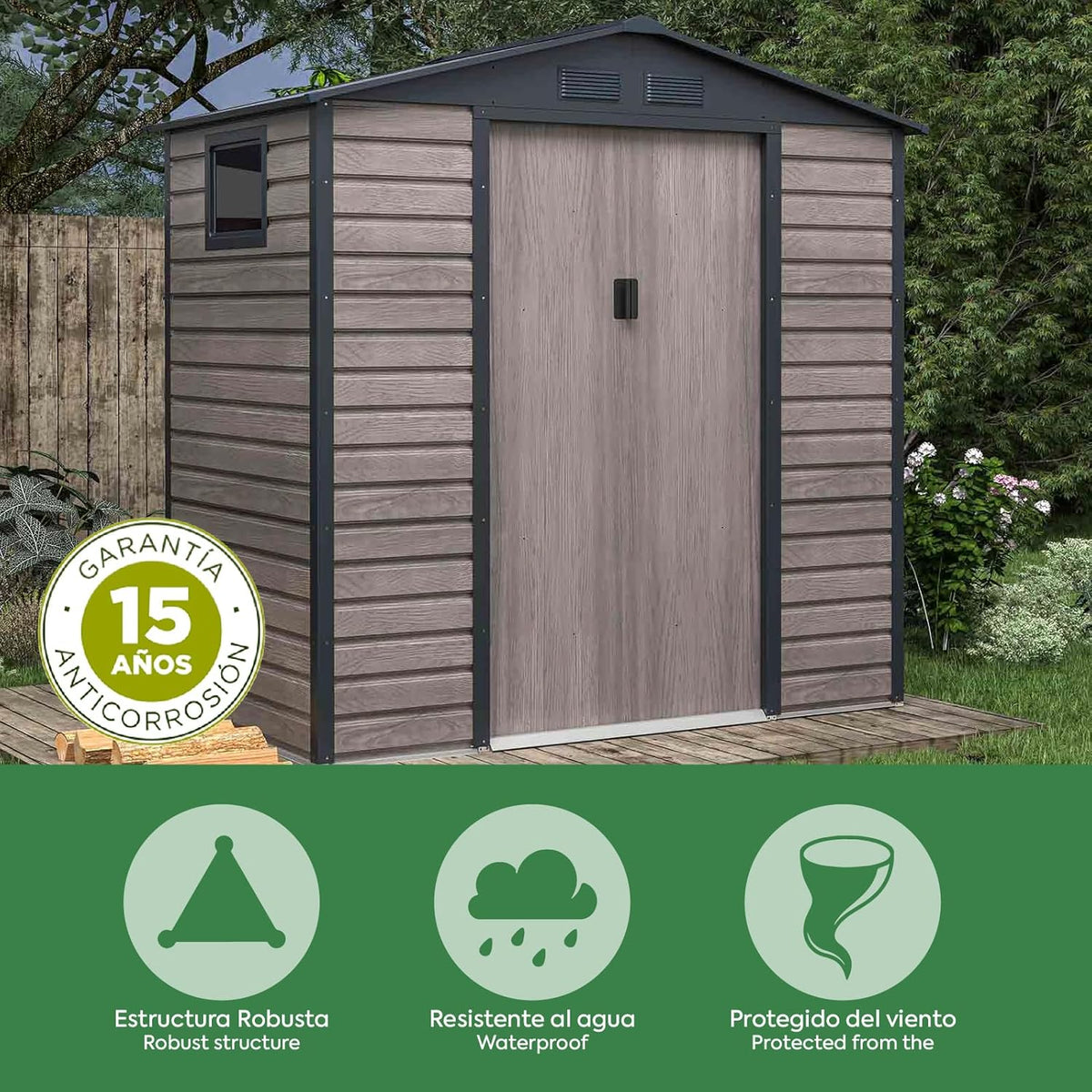 Gardiun Caseta Metálica Surrey 2,71 m2 Exterior 213x127x211 cm de Aço com Janela Lateral e Efeito Madeira