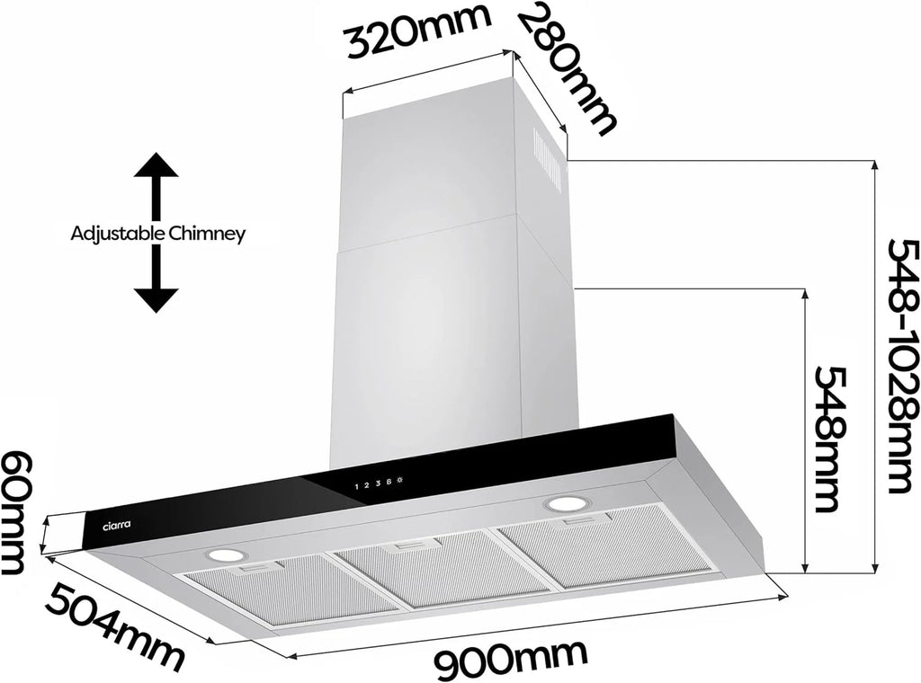 CIARRA CBCS9102 Coifa de Parede 90 cm Classe A+++ 650 m³/h WIFI Controle por Toque 4 Velocidades Exaustão e Recirculação Interna por Filtro de Carvão CBCF003