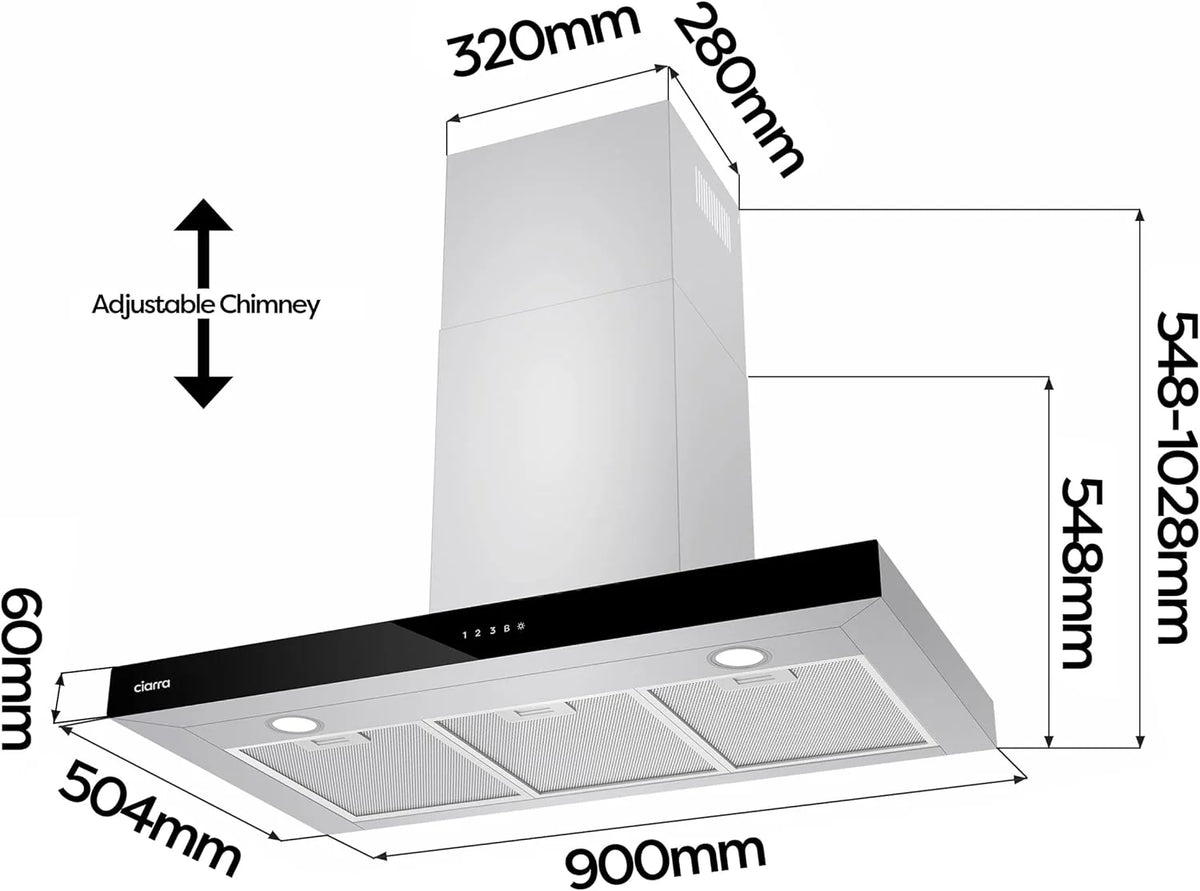 CIARRA CBCS9102 Coifa de Parede 90 cm Classe A+++ 650 m³/h WIFI Controle por Toque 4 Velocidades Exaustão e Recirculação Interna por Filtro de Carvão CBCF003