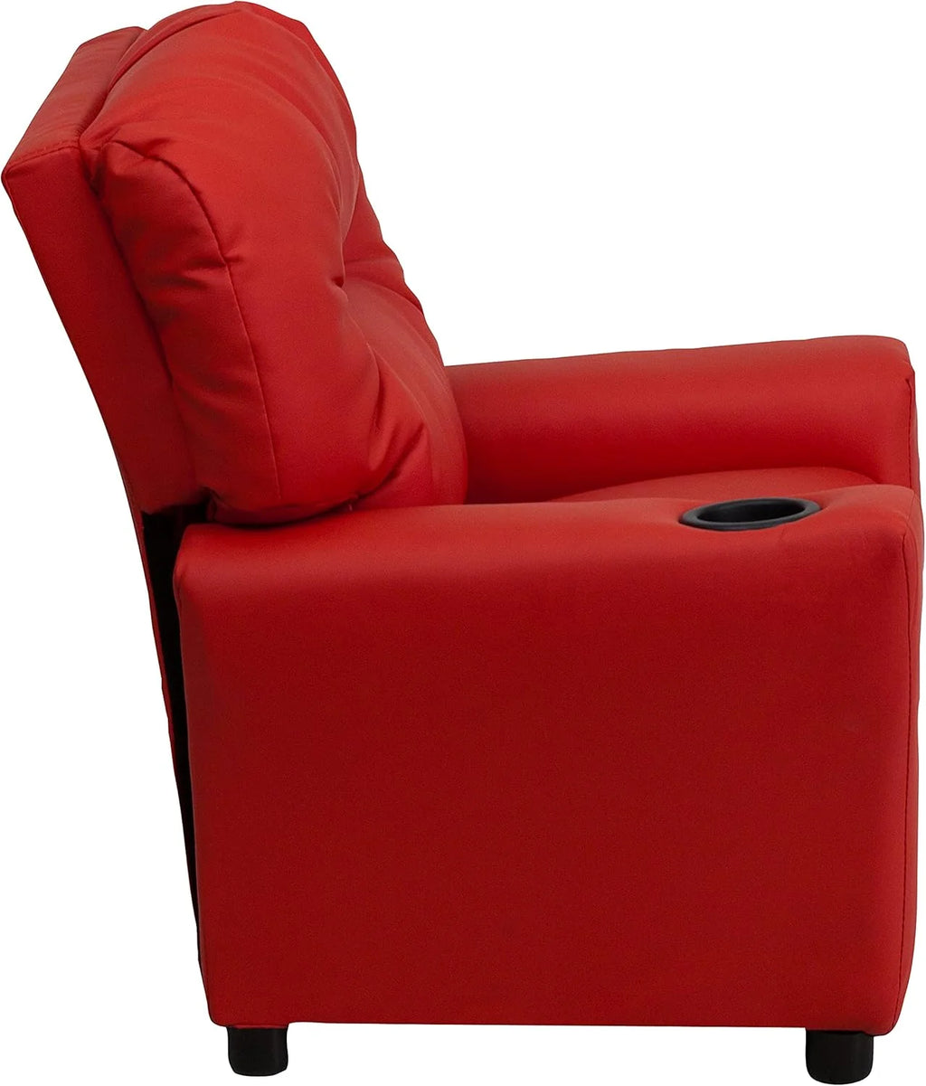 Poltrona Reclinável Infantil Contemporânea Flash Furniture com Porta-Copos, Madeira, Vinil Bege, 66,04 x 53,34 x 53,34 cm