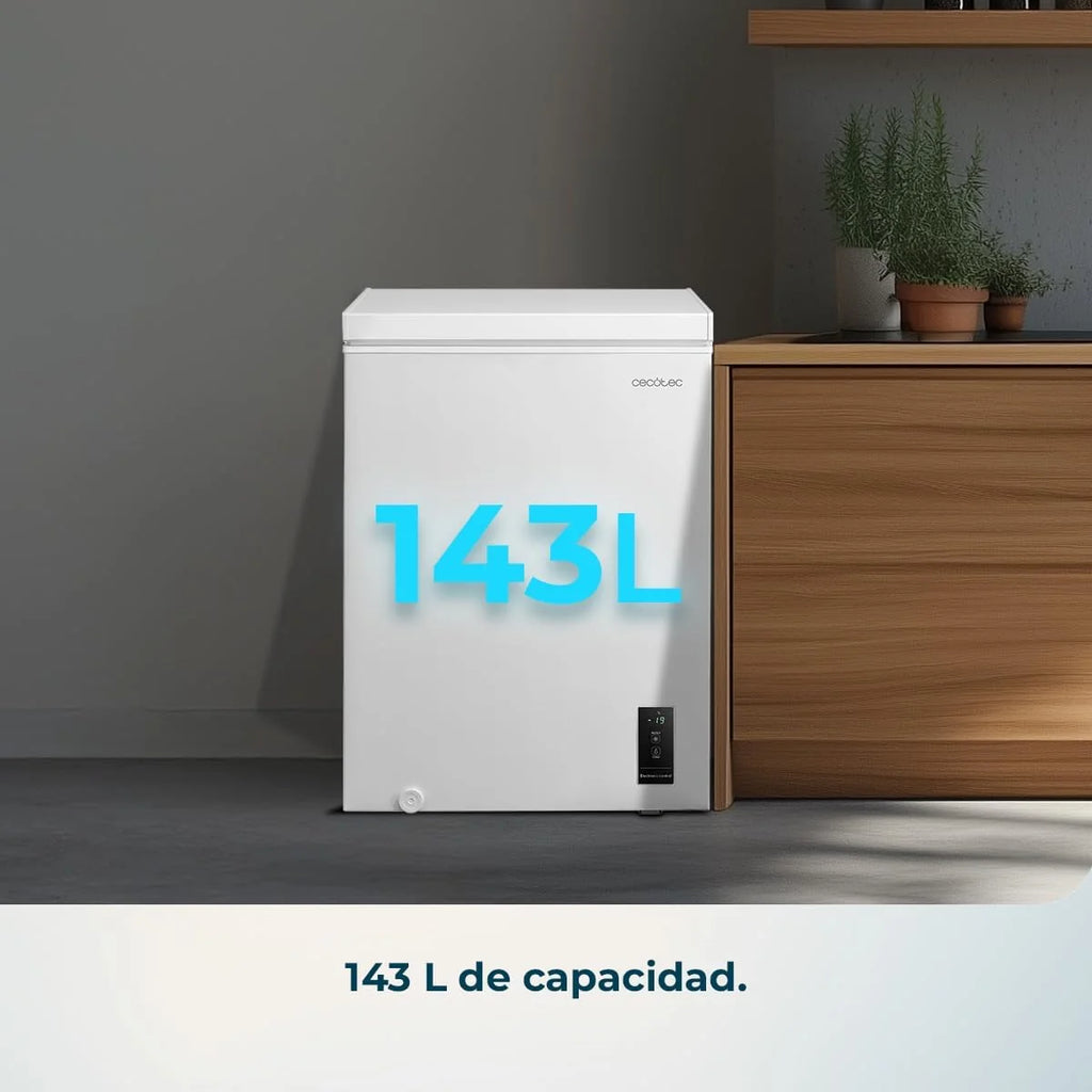 Cecotec Congelador Horizontal 143L Bolero CoolMarket Chest 143P Branco E. Cesto com Alças, Controlo Eletrónico LED, UltraContact D-Cool, Função Dupla, Porta ZeroG (80º-30º), Congelação Rápida, Compacto