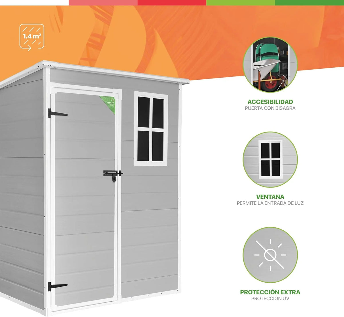 Wasabi - Armário de Resina para Jardim Unidade 1.4 – Janela de Luz Natural - Chão Incluído - Painéis de 12mm de Espessura - Cinza Branco - Galpão de PVC para Armazenamento Exterior - 1,37m2 - Telhado Plano