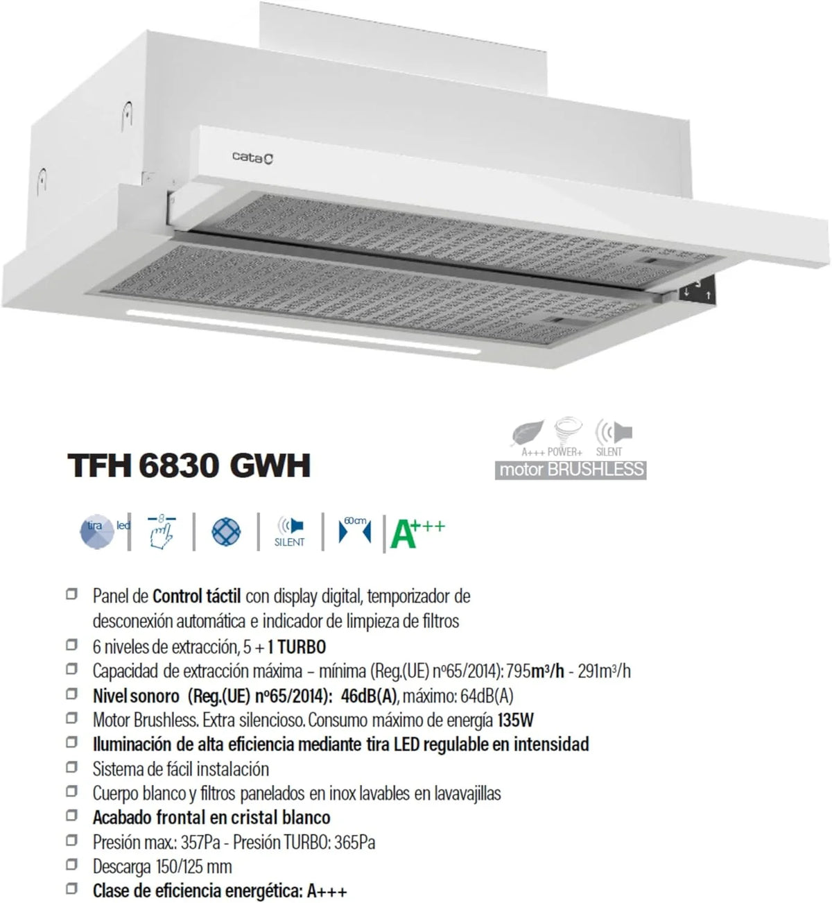 Cata Campana Extratora TFH 6830 GWH 6 Níveis de Extração Painel de Controle Tátil Nível Sonoro 46 db Motor Extra Silencioso Iluminação LED Interior Blindado Fácil Limpeza Largura 60 cm Cor Branco