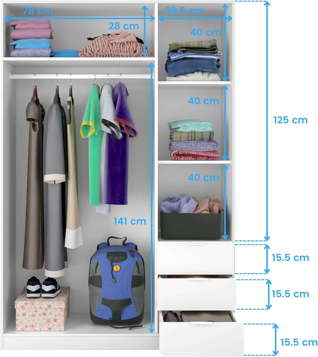 Guarda-Roupa de Três Portas e Três Gavetas Habitdesign, Acabamento Branco Ártico, Medidas: 121 cm (L) x 180 cm (A) x 52 cm (P)
