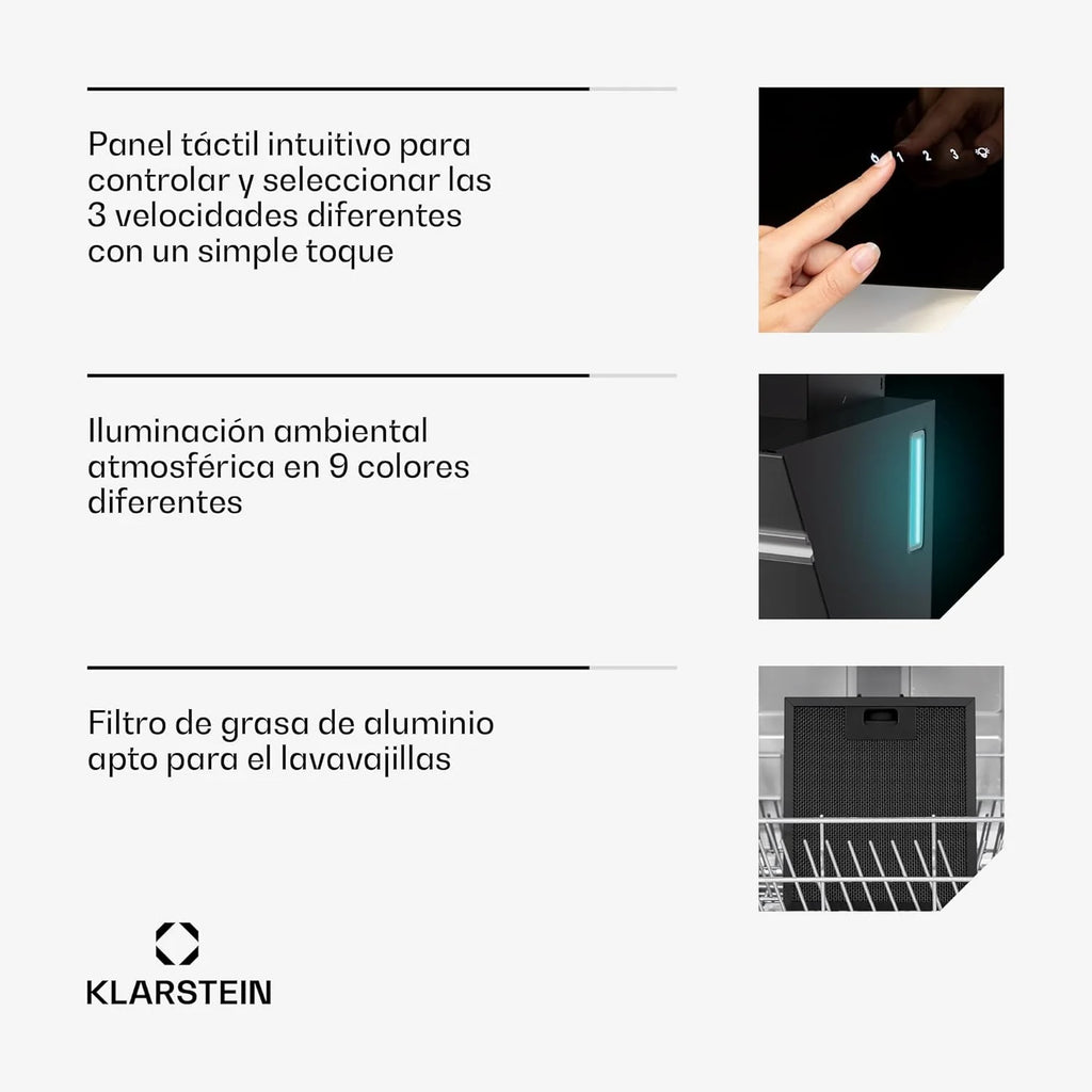 KLARSTEIN Alina Campana Extratora - 570 m³/h, Classe A, LED, 54 dB, Recirculação & Extração, Coifa Decorativa, Painel Touch, 39,8 cm de Largura, Preto
