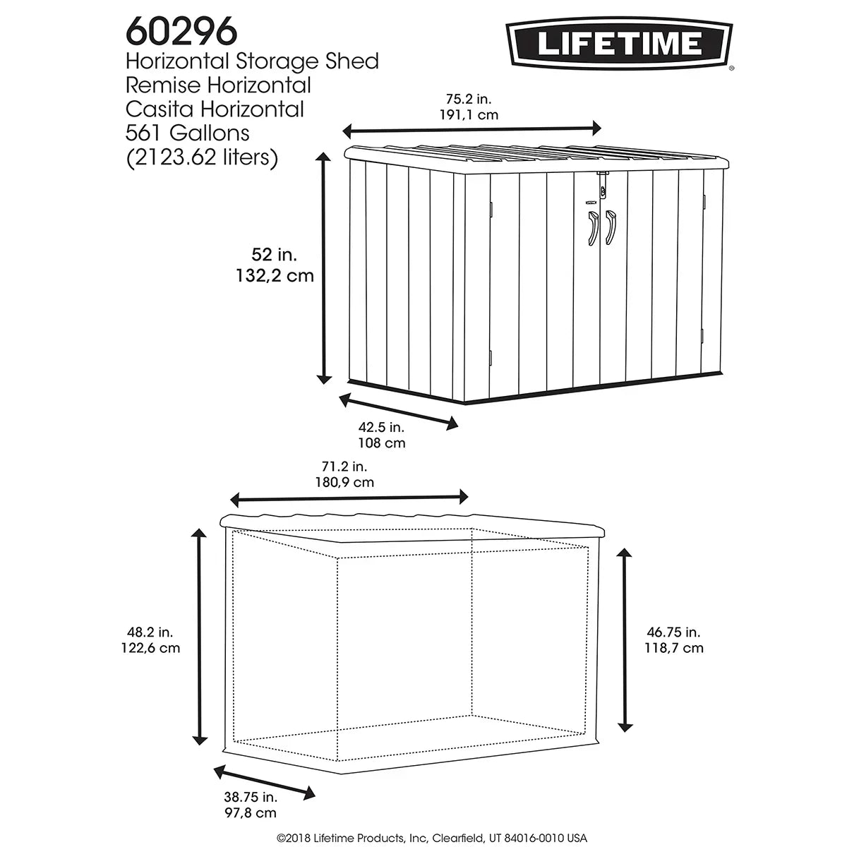 2026 Armário Horizontal Lifetime 1,9 x 1,1 m – Capacidade 2.407 L
