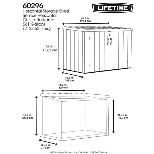 2026 Armário Horizontal Lifetime 1,9 x 1,1 m – Capacidade 2.407 L