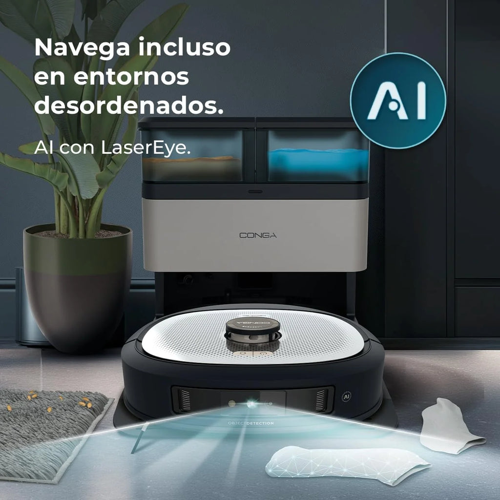 Cecotec Robô Aspirador e Passa Pano com IA, Base de Esvaziamento Automático e Tecnologia a Laser Conga Z100. 20000Pa, Limpeza Profissional com Mopa Bimaterial XXL, Esvaziamento Automático de Pó, Água e Limpeza de Mopas, App