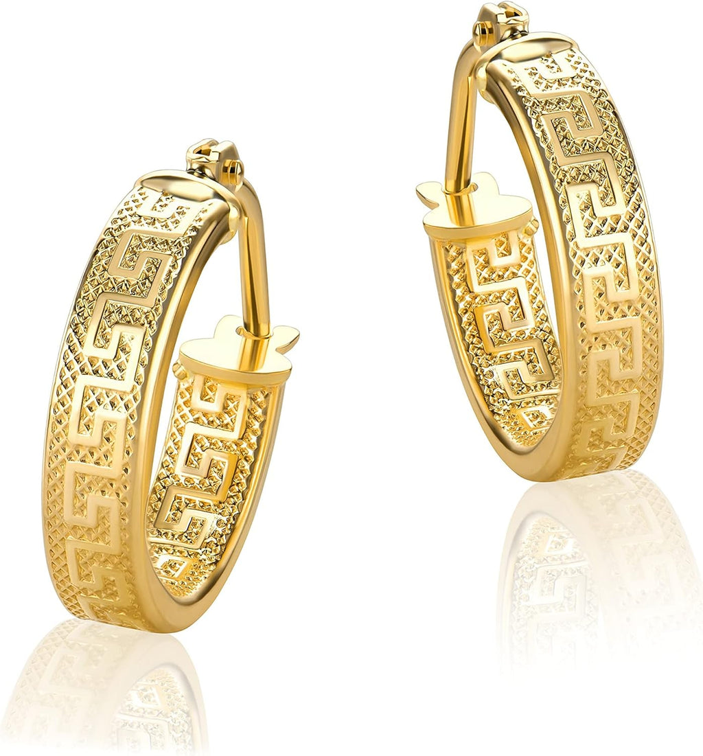 Brincos de argola em ouro amarelo 18K/750 com padrão de chave grega e acabamento diamantado (2 x 14 mm Ø) - PRI37A