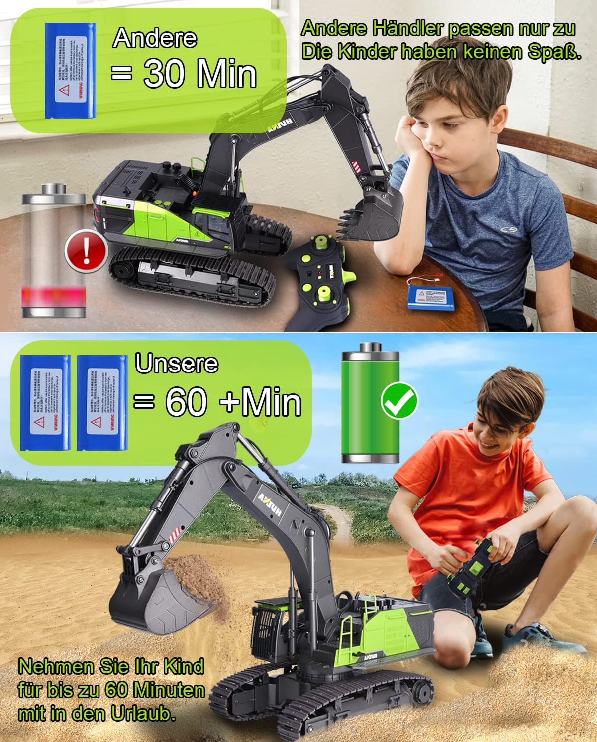 Escavadeira Brinquedo Grande 1:14, Escavadeira de Brinquedo 22 Canais com Funções Completas, Escavadeira de Controle Remoto RC +2 Baterias+3 Acessórios, Brinquedo de Pá RC, Brinquedo de Guindaste para Crianças de 4 6 8 10 14+ Anos