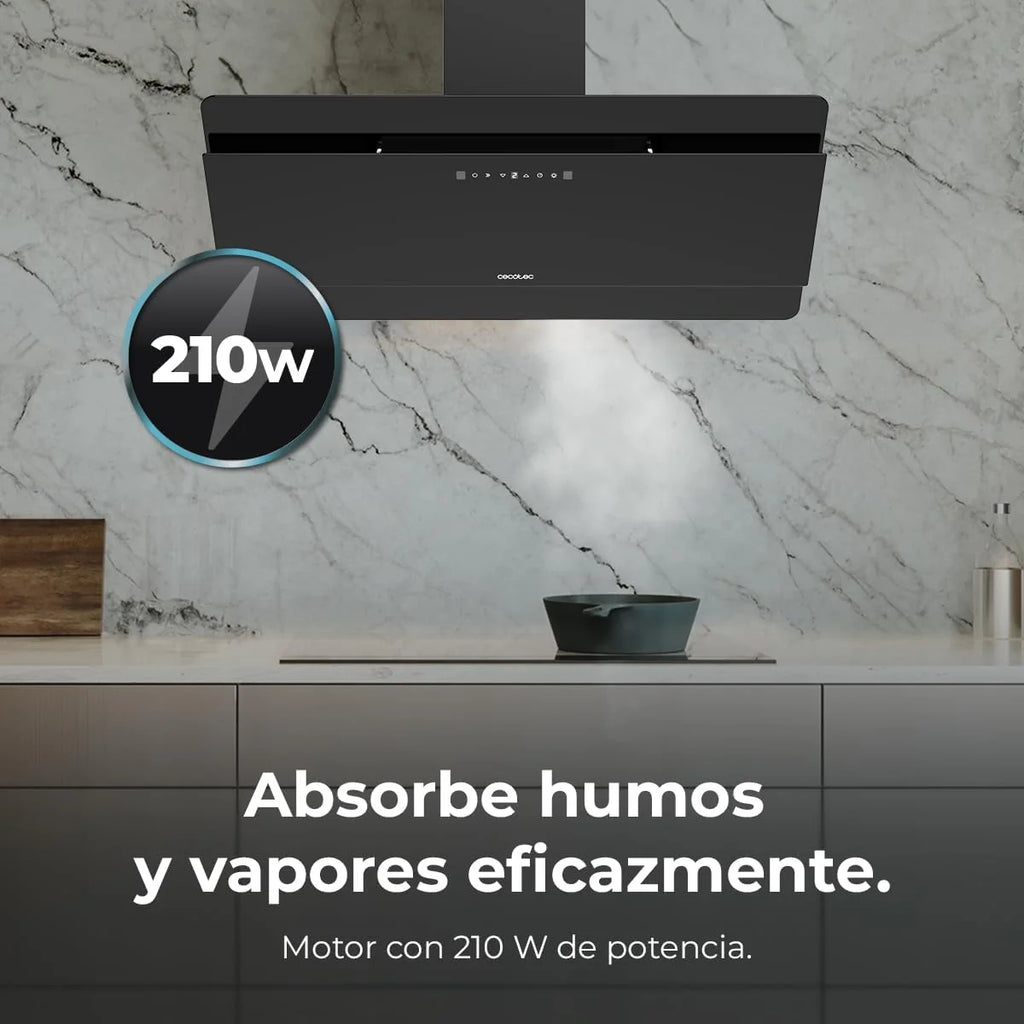 Cecotec Coifa Decorativa 90 cm Flux Dt 908000 Glass Black A++. Vidro Preto, 800m³/h de Potência, Motor 210W, A++, Controle Touch, 3 Níveis + Booster, Controle por Movimento de Mão