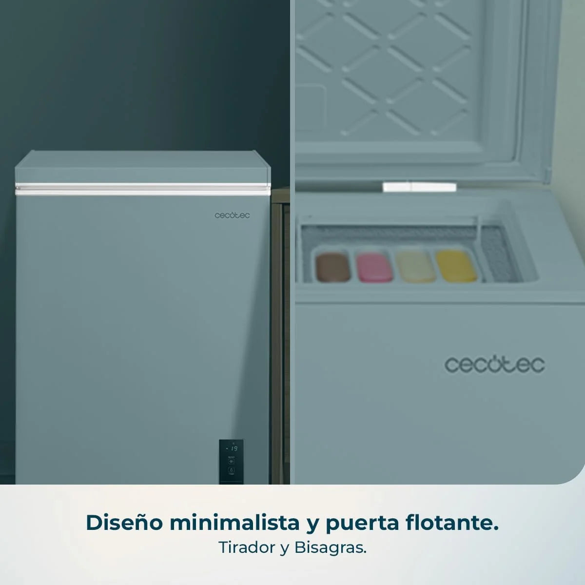 Cecotec Congelador Horizontal 143L Bolero CoolMarket Chest 143P Branco E. Cesto com Alças, Controlo Eletrónico LED, UltraContact D-Cool, Função Dupla, Porta ZeroG (80º-30º), Congelação Rápida, Compacto
