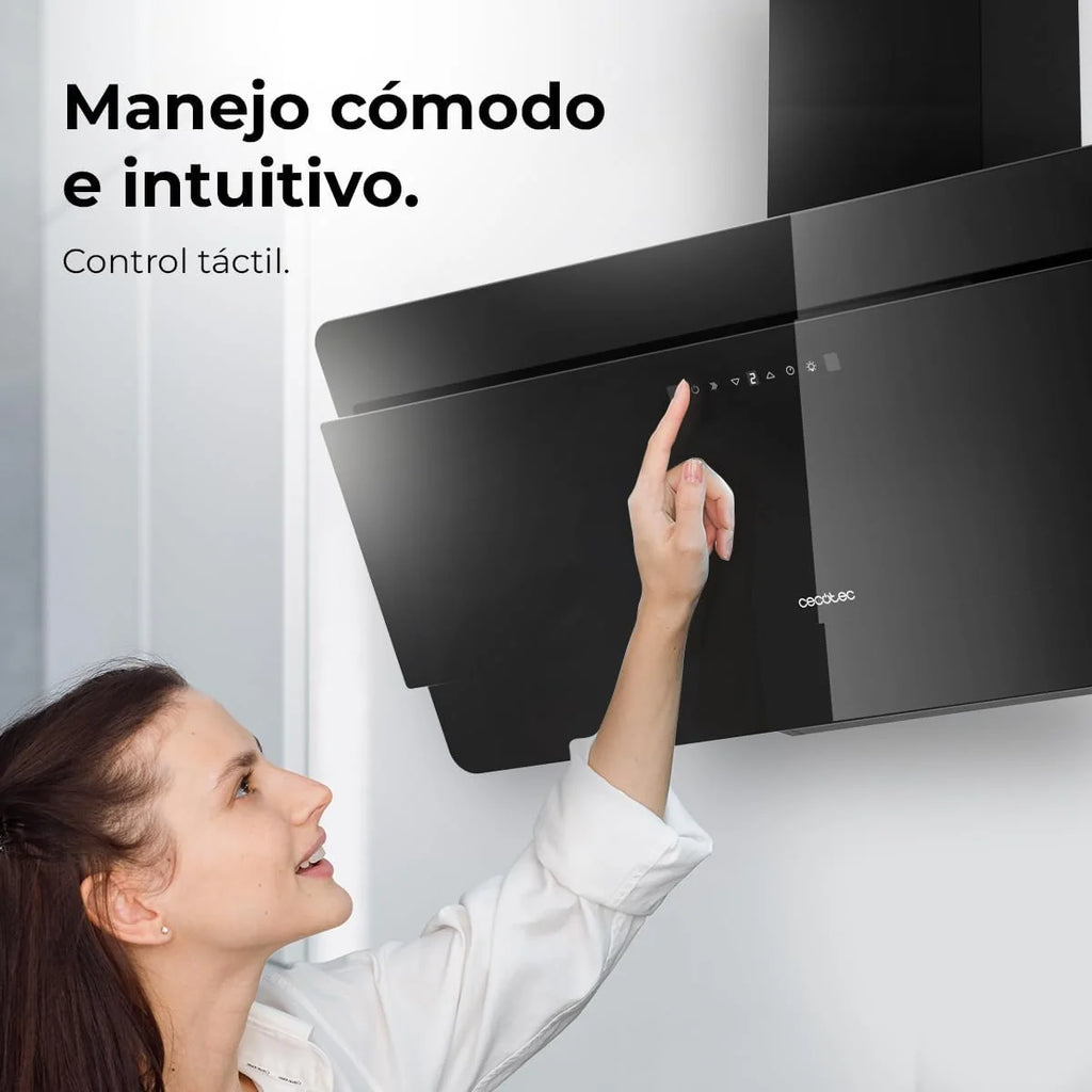 Cecotec Coifa Decorativa 90 cm Flux Dt 908000 Glass Black A++. Vidro Preto, 800m³/h de Potência, Motor 210W, A++, Controle Touch, 3 Níveis + Booster, Controle por Movimento de Mão
