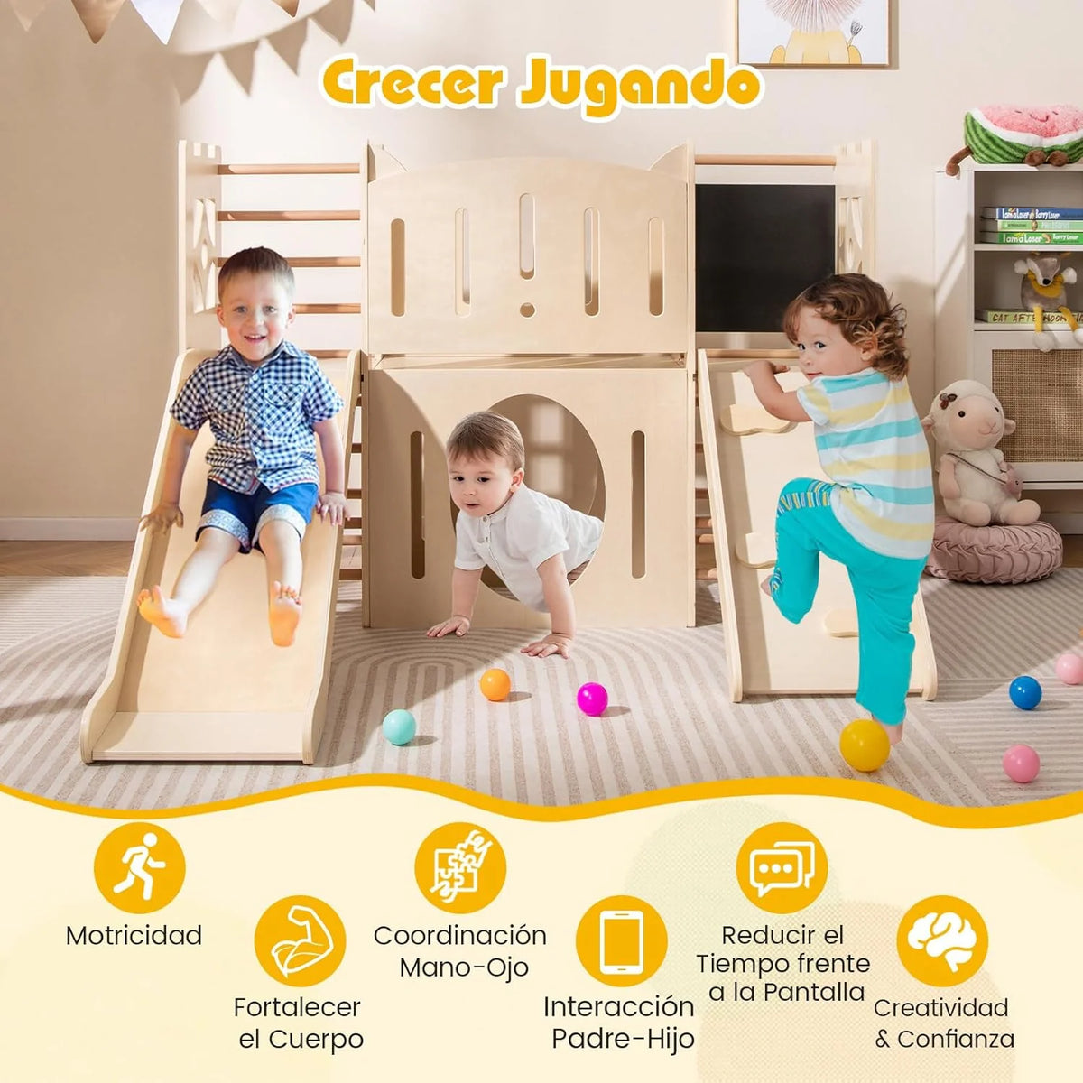 Parque Infantil Interno de Madeira Costway 8 em 1, Tema de Castelo, Escorregador, Escalador, Escadas, Armazenamento, Quadro-Negro, Túnel, Brinquedo Montessori para Crianças a Partir de 3 Anos