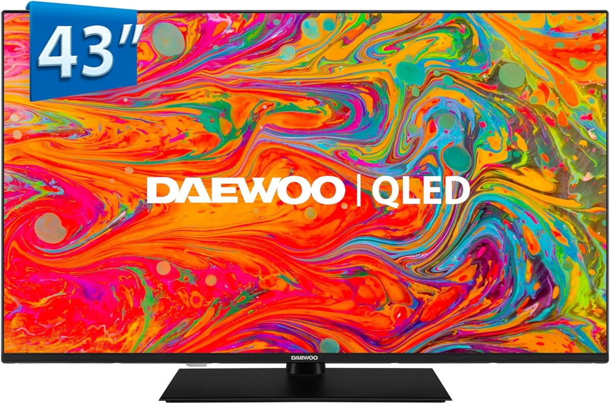 Daewoo 43DM65QV - Smart TV QLED 43 Polegadas 4K HDR, Dolby Vision & Dolby Atmos, Compatível com Alexa, Pedestal Central, Design sem Bordas