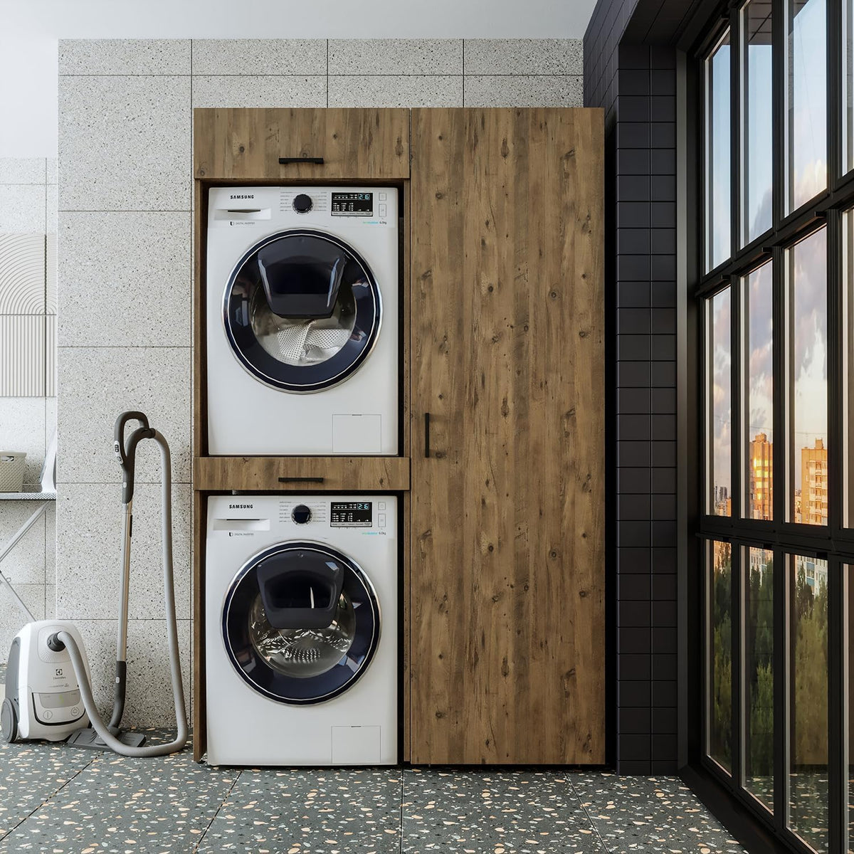 Wall cabinet, dryer over washing machine, 127 cm wide, washing machine tower, shelving unit (3 shelves, oak