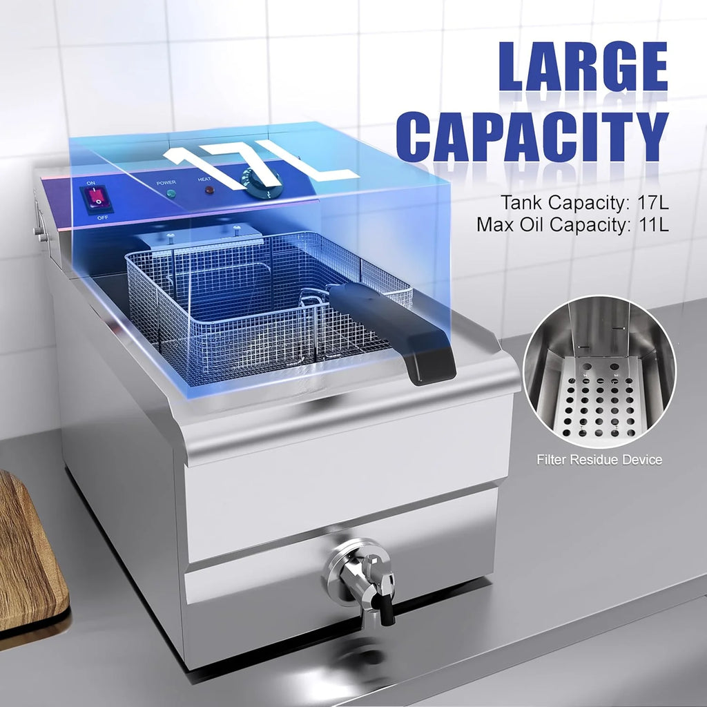 Fritadeira Elétrica Inox 16L Profissional Comercial, 3000W Aço Inoxidável Fritadeira com torneira