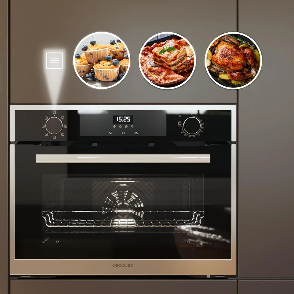 Forno Integrável Cecotec 45 cm de Altura Multifunção Bolero Hexa M224500 Edge A. 2600W, 53L de Capacidade, 7 Funções, Grill, Grill Assistido por Ventoinha, Convecção, Descongelamento, Base a Vapor X2, Steam EasyClean, Vapor