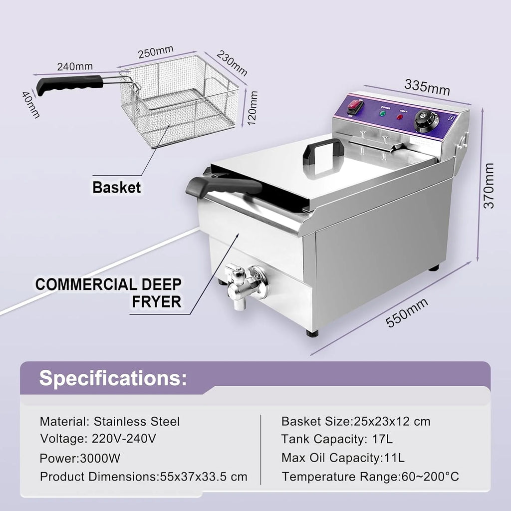 Fritadeira Elétrica Inox 16L Profissional Comercial, 3000W Aço Inoxidável Fritadeira com torneira